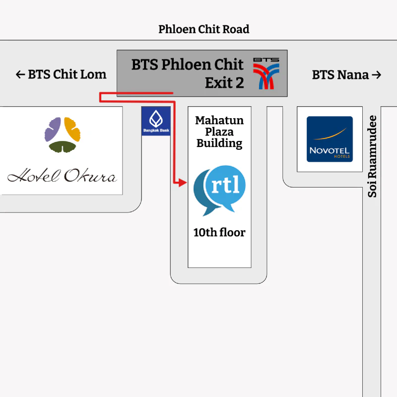 Map of the location of Mahatun Plaza, a building located between Bangkok Bank and Novotel hotel.